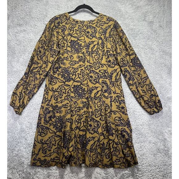 Peruvian Connection Yellowstone Boho Mini Dress Medium Mustard Yellow Blue Print - Picture 2 of 9